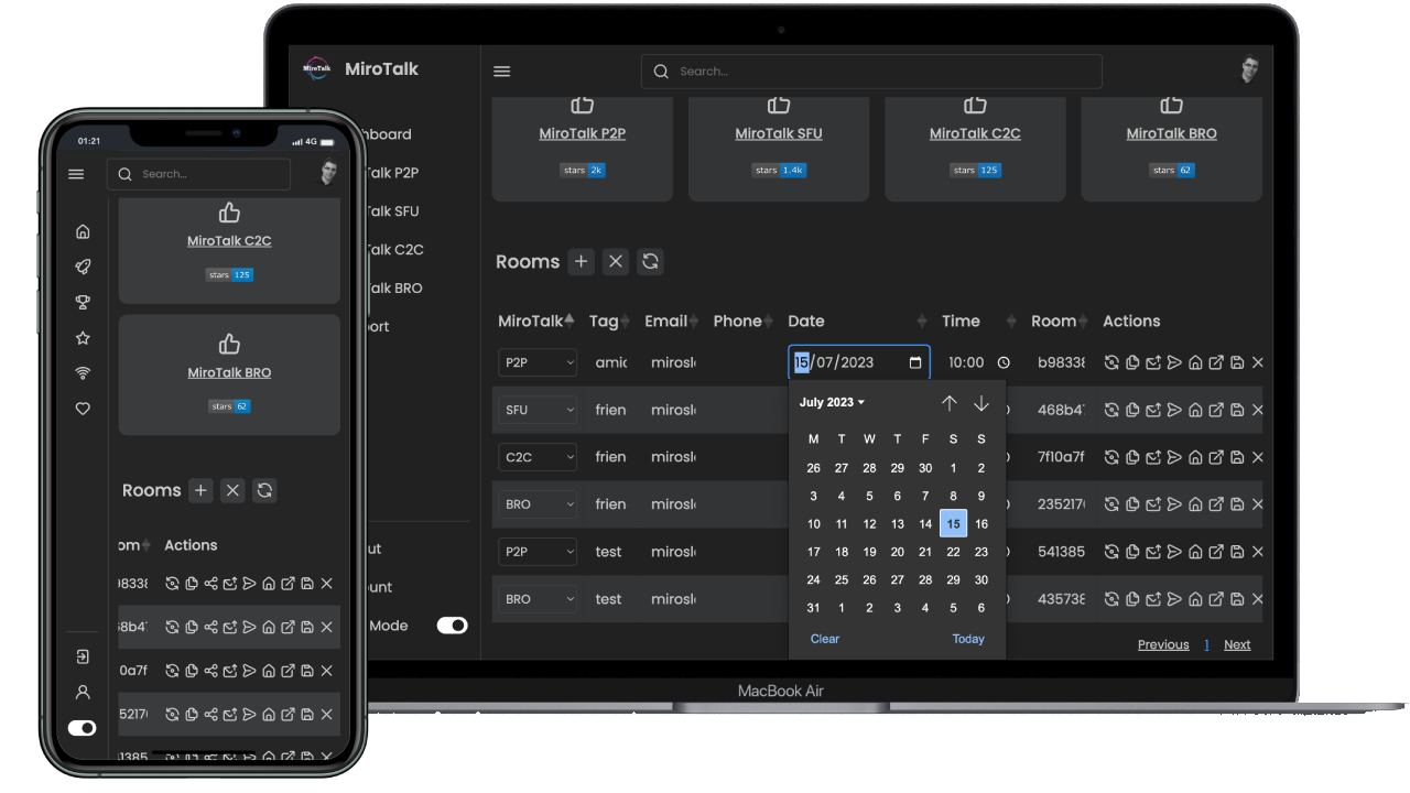 MiroTalk dashboard on desktop and mobile